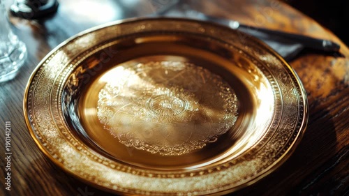 Gold Plate on Wooden Table
