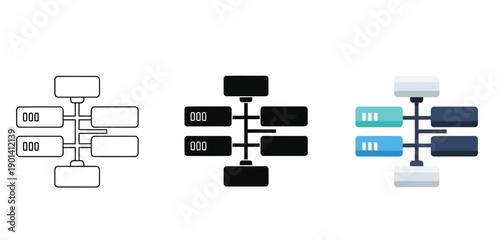 Different Network Switch Connection Diagram Vector Set in Line Art, Silhouette and Color Style Illustrations Showing Data Flow