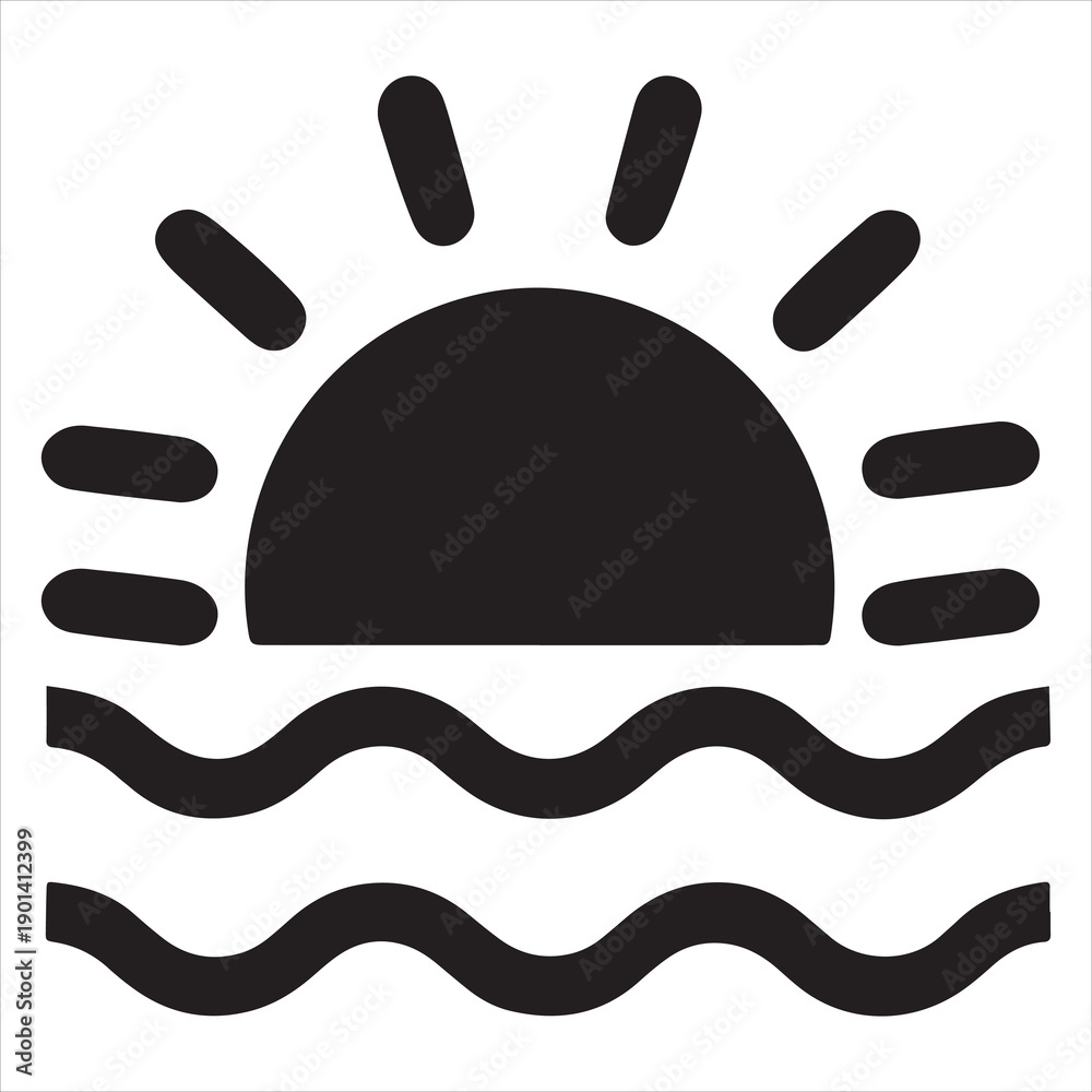 Fototapeta premium Sunset Over Waves Icon – Minimal Black and White Sea Sunset Vector
