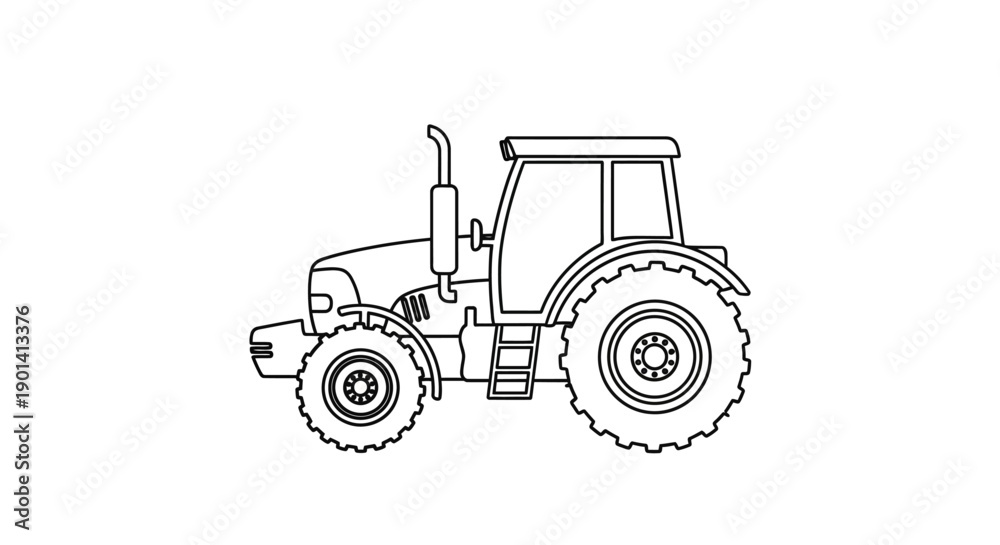 Fototapeta premium Line Art Illustration of a Classic Tractor with Large Rear Wheel and Engine Details