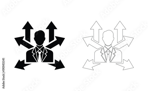 A stylized figure with arrows pointing in various directions representing decision making. Vector