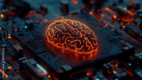 Computer Motherboard with Glowing Brain