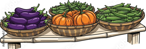 Fresh organic produce in wicker baskets on wooden table: eggplants, pumpkins, and okra for healthy cooking