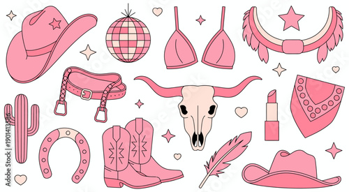 Pink Western fashion icon set featuring cowboy hats, boots, cactus, lipstick, bra, and disco ball, designed as stylish country glam vector illustrations for trendy lifestyle and fashion design.