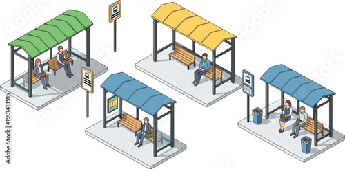 Isometric illustrations of five bus stop shelters with colored roofs, benches, and signage for urban and transit visuals