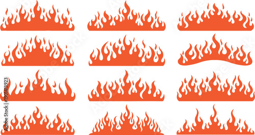 Hot Burning Fire Flame Borders Set, Fire Flame Borders Set, Burning Flames Decorative Vector Elements