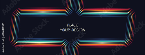The colorful frame consists of multiple multicolored lines. Glow effect. Copy space. Vector illustration for brochure, poster, cover, card, flyer, banner, advertising or presentation.