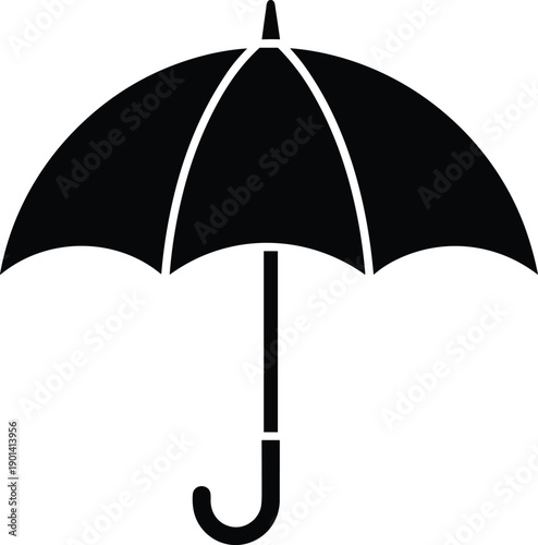 Black Umbrella Silhouette Vector Illustration Featuring a Classic Open Rain Parasol Icon with Curved Handle Isolated on White Background for Weather Protection Graphic Design
