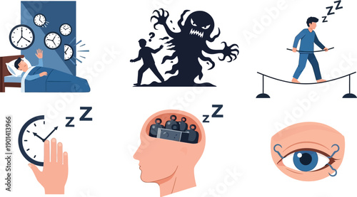Set of sleep disorder icons depicting insomnia nightmares and mental burden vector illustration