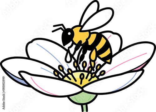 Adorable cartoon drawing depicts a charming yellow and black striped bee collecting nectar from the center of a brightly colored pastel flower with gentle line art outlines.