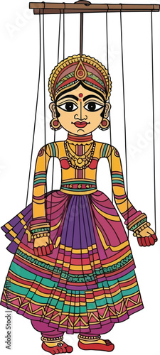Traditional indian string puppet character wearing detailed ethnic dress with jewelry and wooden crossbar controller