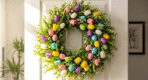 Easter sunday decorations colorful easter egg wreath on a front door for spring