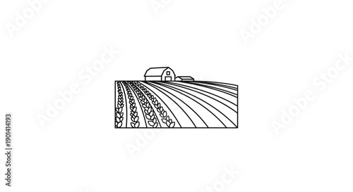A minimalist black and white line drawing of an agricultural field landscape