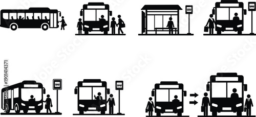 Set of black and white bus stop icons showing people boarding, waiting, and interacting with public transportation in urban scenes