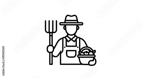Minimalist Line Art Illustration of Farmer Holding Pitchfork and Basket for Agriculture Content