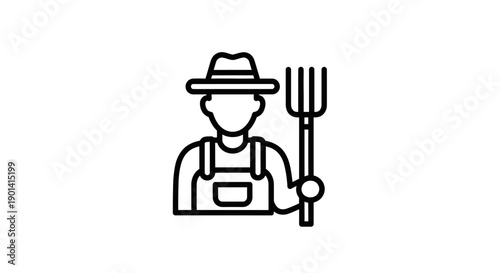 Minimalist Line Art Illustration of Farmer with Pitchfork and Hat for Agricultural Themes