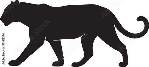 A sleek black silhouette of a panther walking in profile view