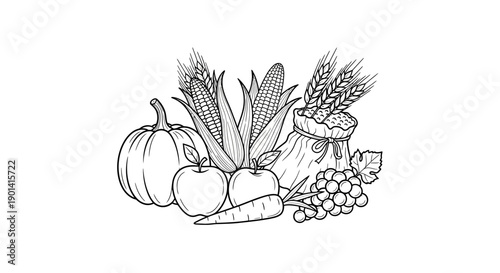 Hand-drawn Illustration of Fresh Autumn Harvest Vegetables and Fruits