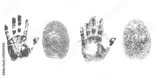 A collection of handprints and fingerprints, representing different methods of forensic identification and personal identity.