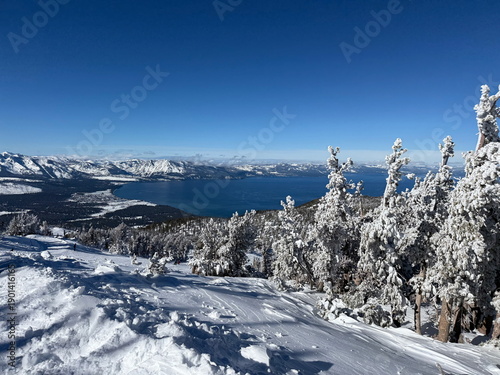 Views of Lake Tahoe and snow-covered trees after a snowstorm on a bluebird winter day at Heavenly Ski Resort in South Lake Tahoe