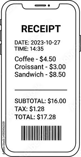 Digital transaction receipt displayed on a modern smartphone screen detailing a recent purchase of coffee croissant and sandwich items for a total amount due.