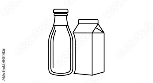 Simple Line Art Illustration of a Bottle and a Milk Carton on White Background