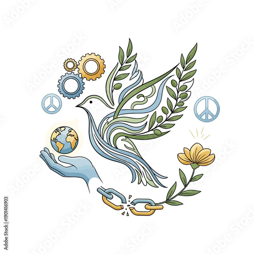 Dove of Peace: An artistic illustration of a dove, holding an olive branch, the universal symbol of peace and freedom, represents a call for unity, hope.