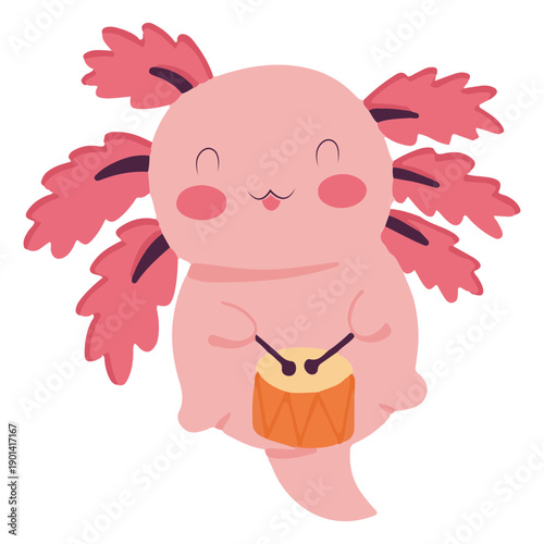 Cute baby axolotl drums character