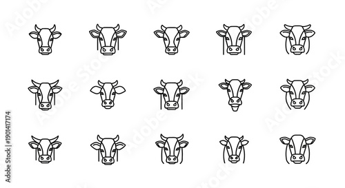 Collection of Cow Head Line Art Illustrations for Animal and Farming Themes