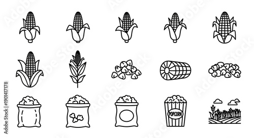 Collection of Corn Icons and Grain Silhouettes for Agricultural Design