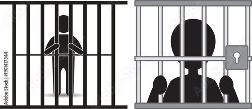 Prisoner in Jail Cell Silhouette Icon Set, Criminal Behind Bars and Locked Cage Vector Collection