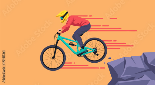 Exciting vector illustration of a downhill mountain biker jumping off a rock ledge, capturing the thrill of extreme sports