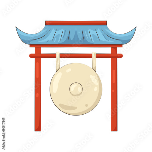 Illustration of Asian Gong Under Traditional Arch