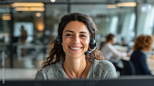 Friendly female call center operator with headset providing customer support in a bright office