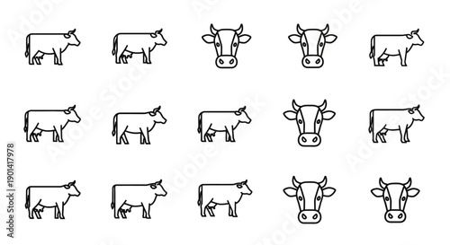 Collection of Minimalist Line Art Cow Icons for Agriculture and Farming Visuals