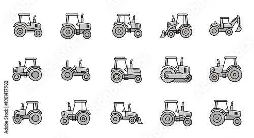 Collection of Vintage Tractor Silhouette Icons for Agricultural Industry Design
