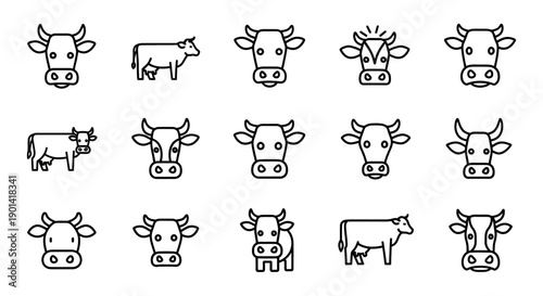 Cute Cartoon Cow Faces Set Featuring Various Expressions and Colors for Kids and Agriculture Themes