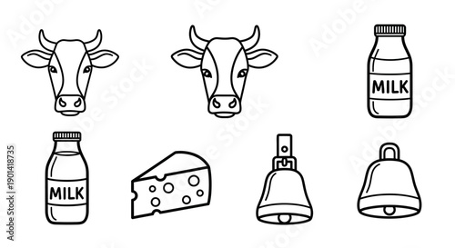 Cute Hand-Drawn Cow and Dairy Products Line Art Illustration