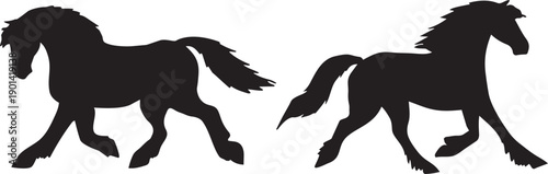Silhouette Horses on the Move: Two majestic horse silhouettes stride dynamically, embodying freedom, power, and the essence of the wild, their forms poised in graceful motion against an open expanse.
