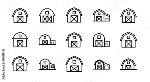Set of 16 Minimalist Barn Icon Graphics for Farm or Rural Design Projects