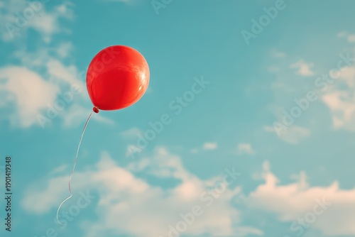 Vivid red balloon drifting across a vast daytime sky for a minimal, uplifting mood