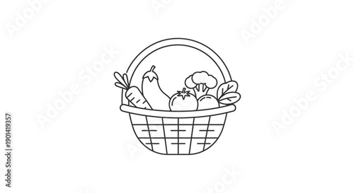 Simple Line Drawing of a Basket Filled with Fruit and Vegetables for Healthy Eating