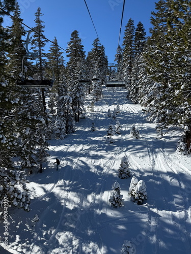 View from the chairlift of the trees and trails on the ski slopes of Heavenly Ski Resort in Lake Tahoe in the winter