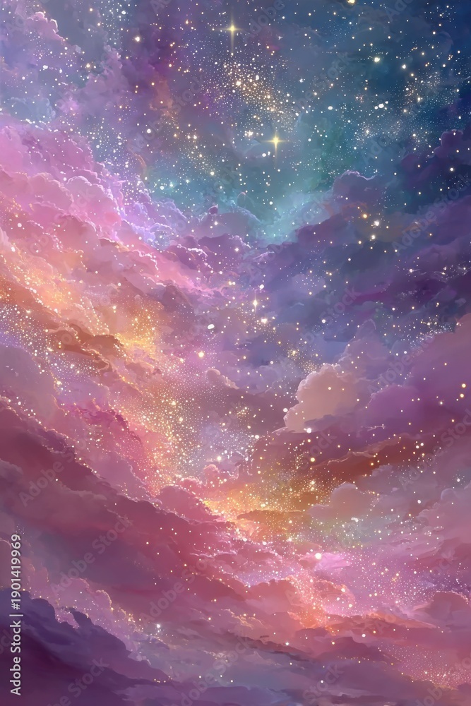 Fototapeta premium Dreamy pastel galaxy scene with stars and clouds for a cosmic background and inspiration