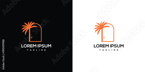 Palm Tree Doorway Logo Design - Vacation Travel Resort Entrance.