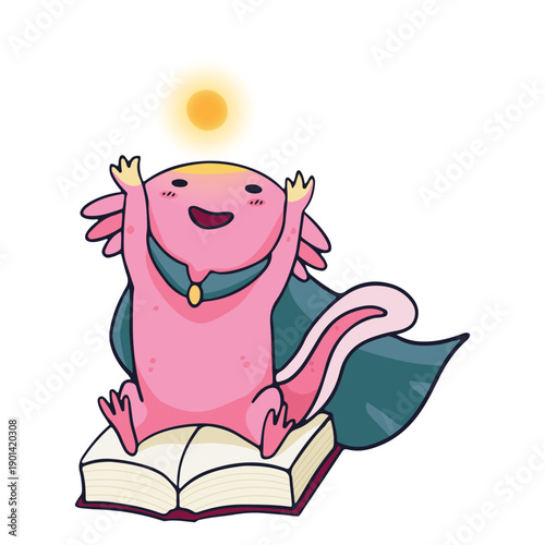 Wizard axolotl sitting on a book