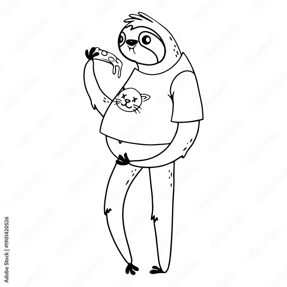 Naklejka premium Pizza sloth filled stroke