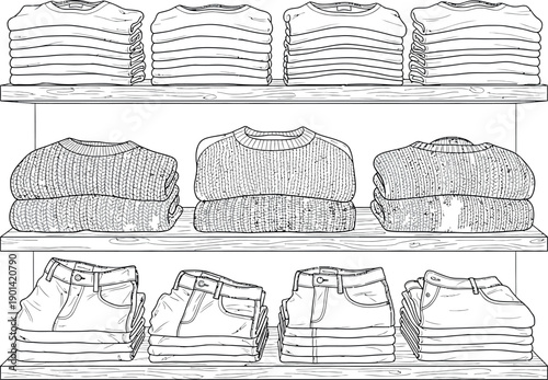 Neat stacks of folded casual clothing including sweaters and denim jeans organized neatly upon wooden retail shelving for inventory display or storage illustration