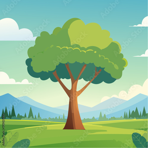 A vibrant illustration of a tree under the open sky, set in a picturesque landscape