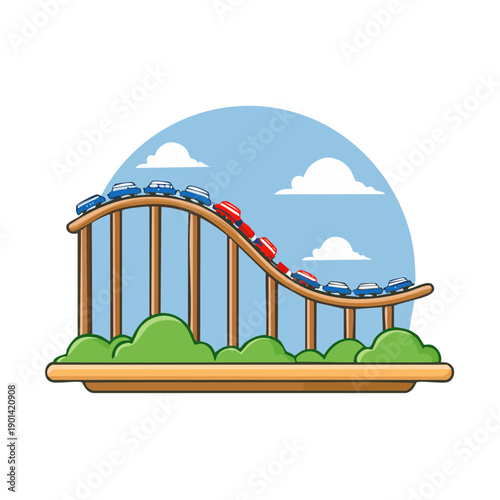 A cartoon illustration of a rollercoaster with red and blue cars, set against a blue sky with fluffy clouds. It's a fun and exciting amusement ride.